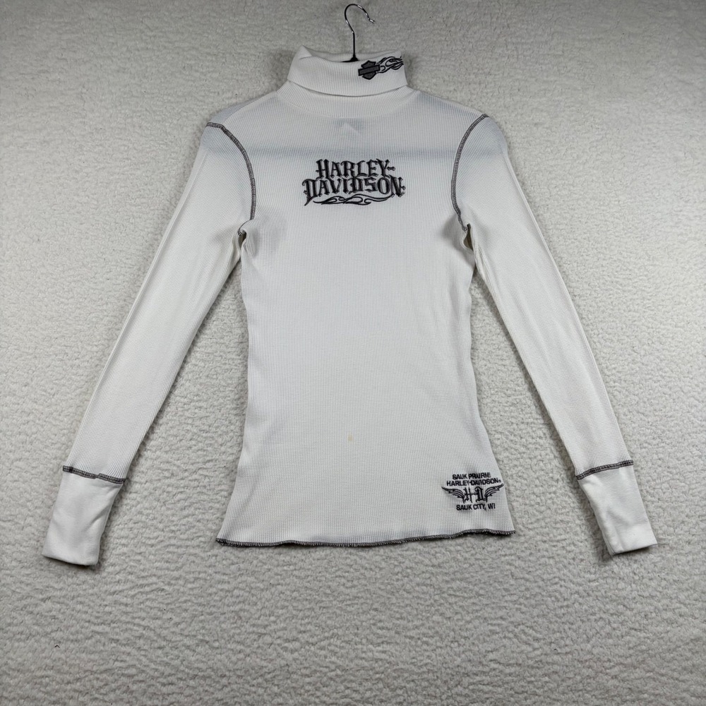 Harley Davidson Thermal Turtleneck Womens Embroidered Graphic M White Flame Goth